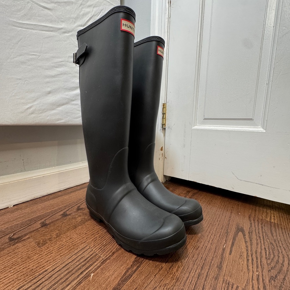 Hunter Original Tall Rain Boots & Fleece Socks Adjustable Back Black Matte US 8 - Picture 3 of 10